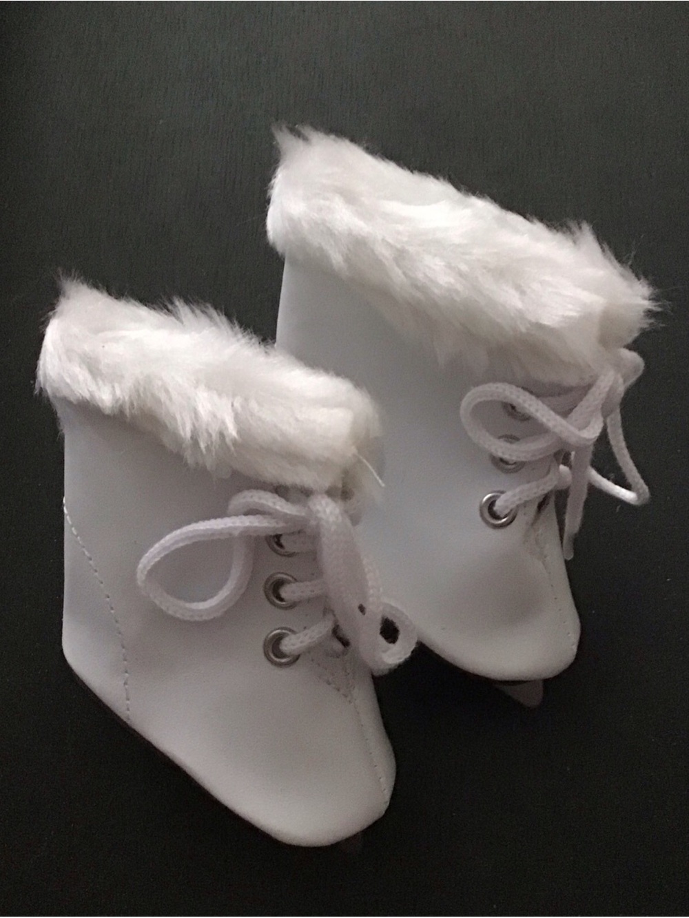 Doll Sized White Faux-Fur Lined Lace-Up Ice Skates for 18 inch Dolls